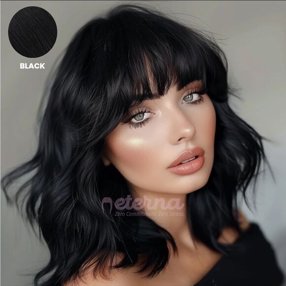 NEW- Eterna- clip-on bangs - Solid black - Picture 1 of 7